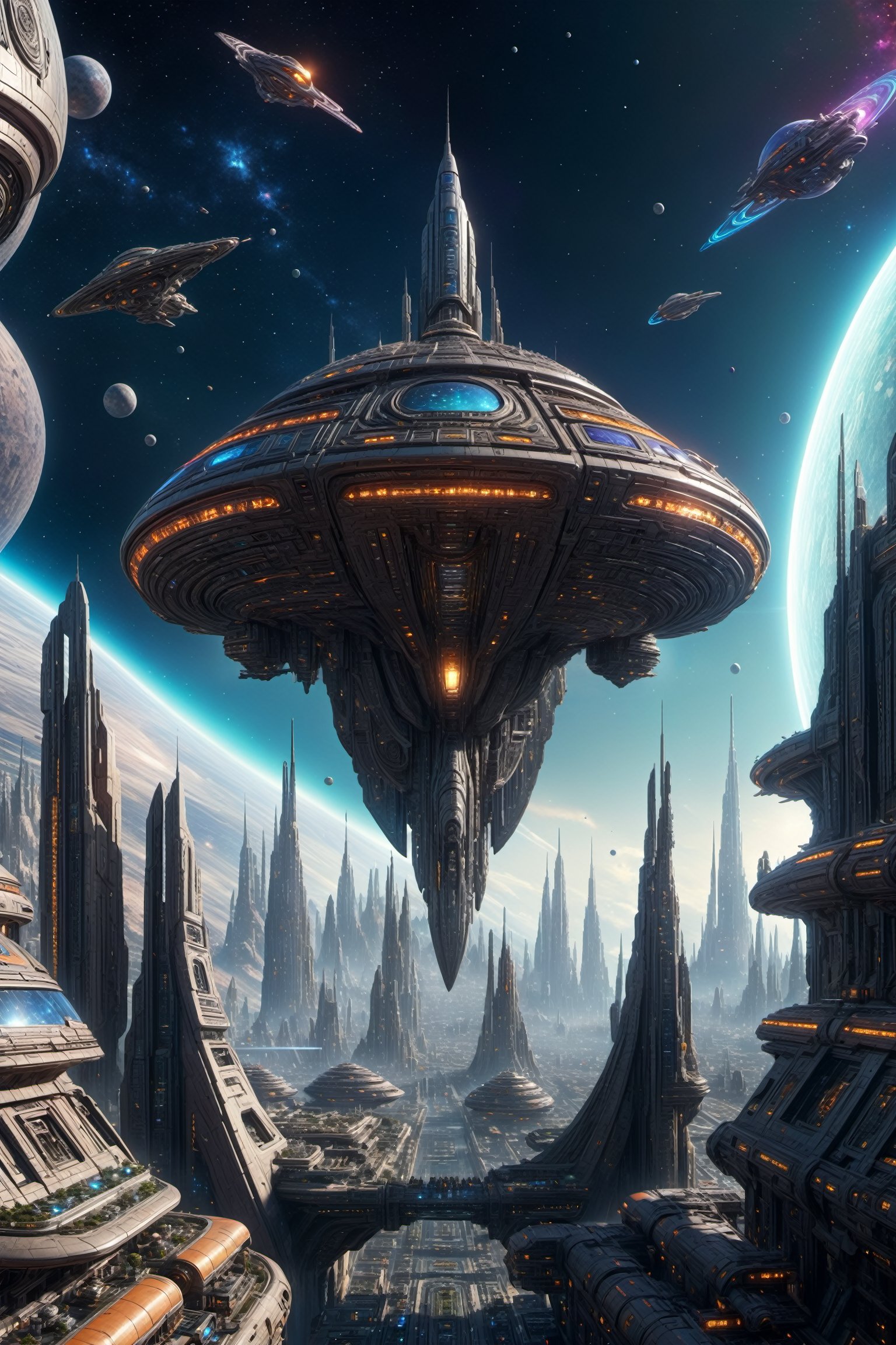 hyperresolution space, futuristic, galactic capital city, techno, ancient, mystic, ion_engines, many small space ships, (intricate details), (hyperdetailed), 8k hdr, high detailed, lot of details, high quality, (colored:1.3)