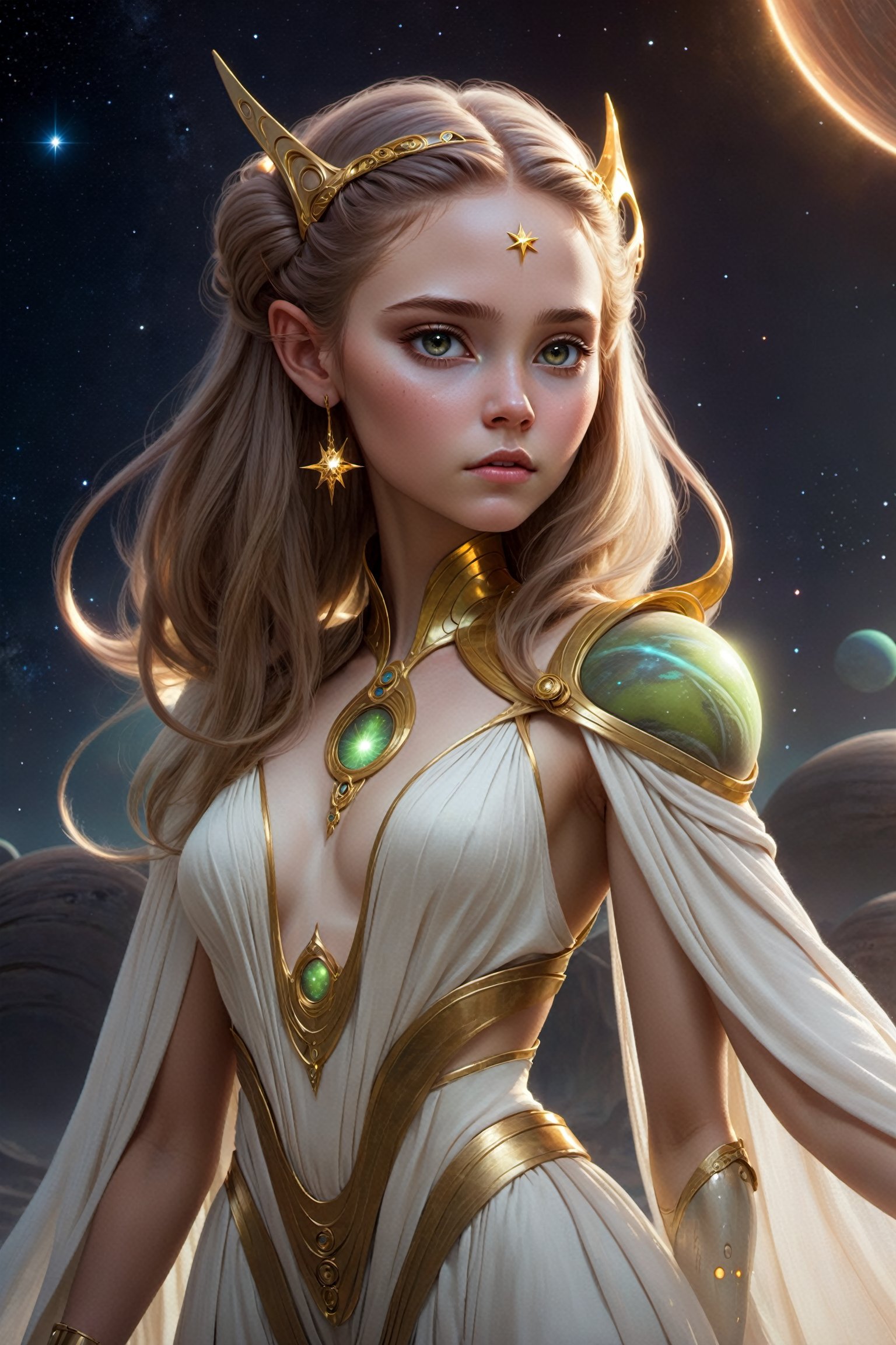 1girl, ethereal fantasy, concept art, bargandi hair, alien planet, Star Wars, magnificent, conservative cloths, beautiful face, celestial, ethereal, epic, majestic, magical, fantasy, gold trim,