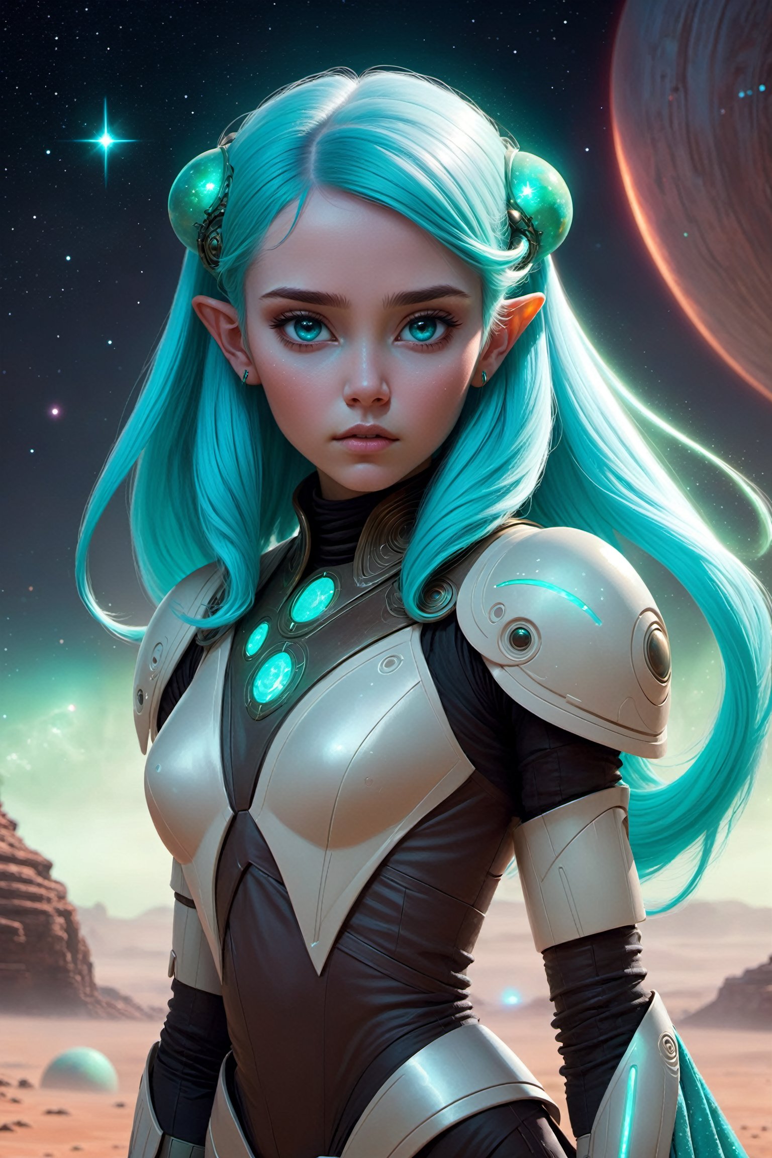 1girl, ethereal fantasy, concept art, cyan hair, glowing hair, alien planet, Star Wars, magnificent, futuristic cloths, beautiful face, celestial, ethereal, epic, majestic, magical, fantasy, eather trim