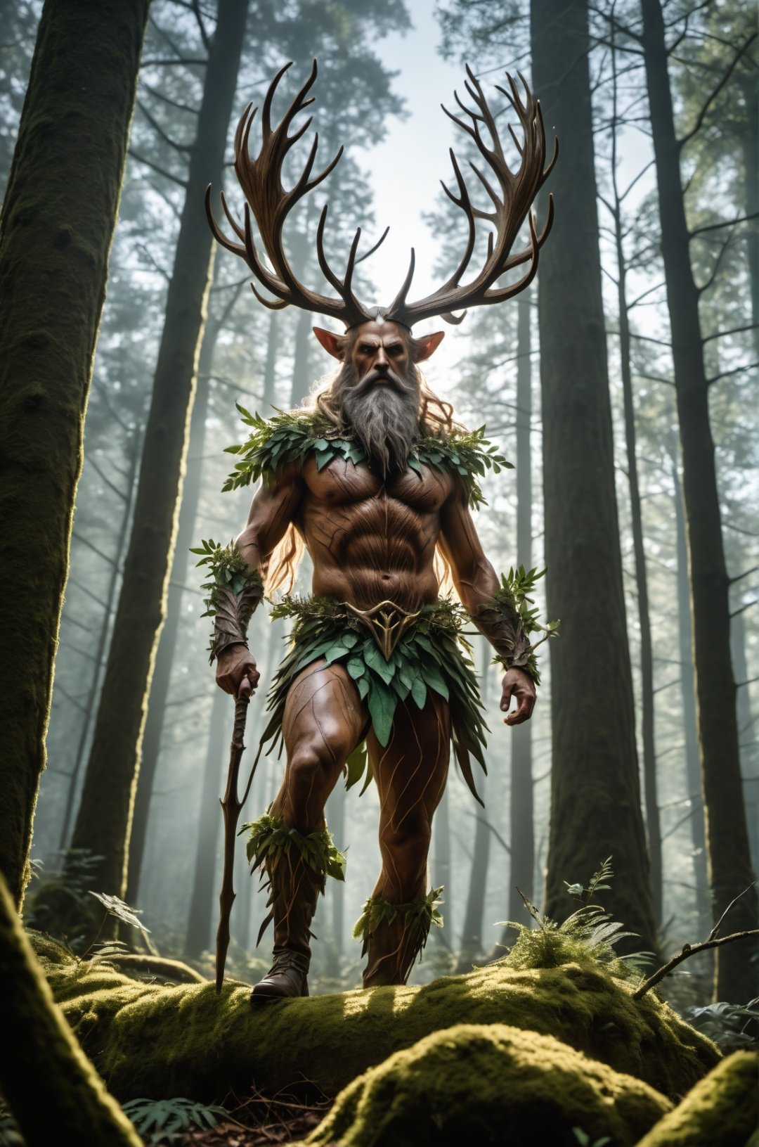 Leshy,Full-length photo, combat posture, Surrealism, from below, Nikon, Surrealism, backlighting, backlighting, cinematic lighting, 8k, super detail, high quality, high details, UHD, award winning, textured skin, anatomically correct, UHD, retina, masterpiece, ccurate, anatomically correct, textured skin, super detail, award winning, best quality, high quality, high details, highres, 16k