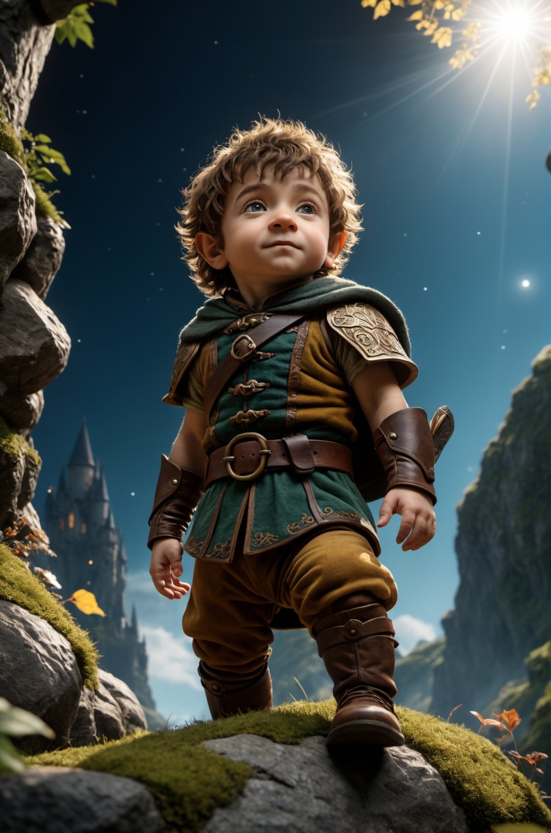  Halfling ,Full-length photo,  Surrealism, from below, Nikon, Surrealism, backlighting, backlighting, cinematic lighting, 8k, super detail, high quality, high details, UHD, award winning, textured skin, anatomically correct, UHD, retina, masterpiece, ccurate, anatomically correct, textured skin, super detail, award winning, best quality, high quality, high details, highres, 16k