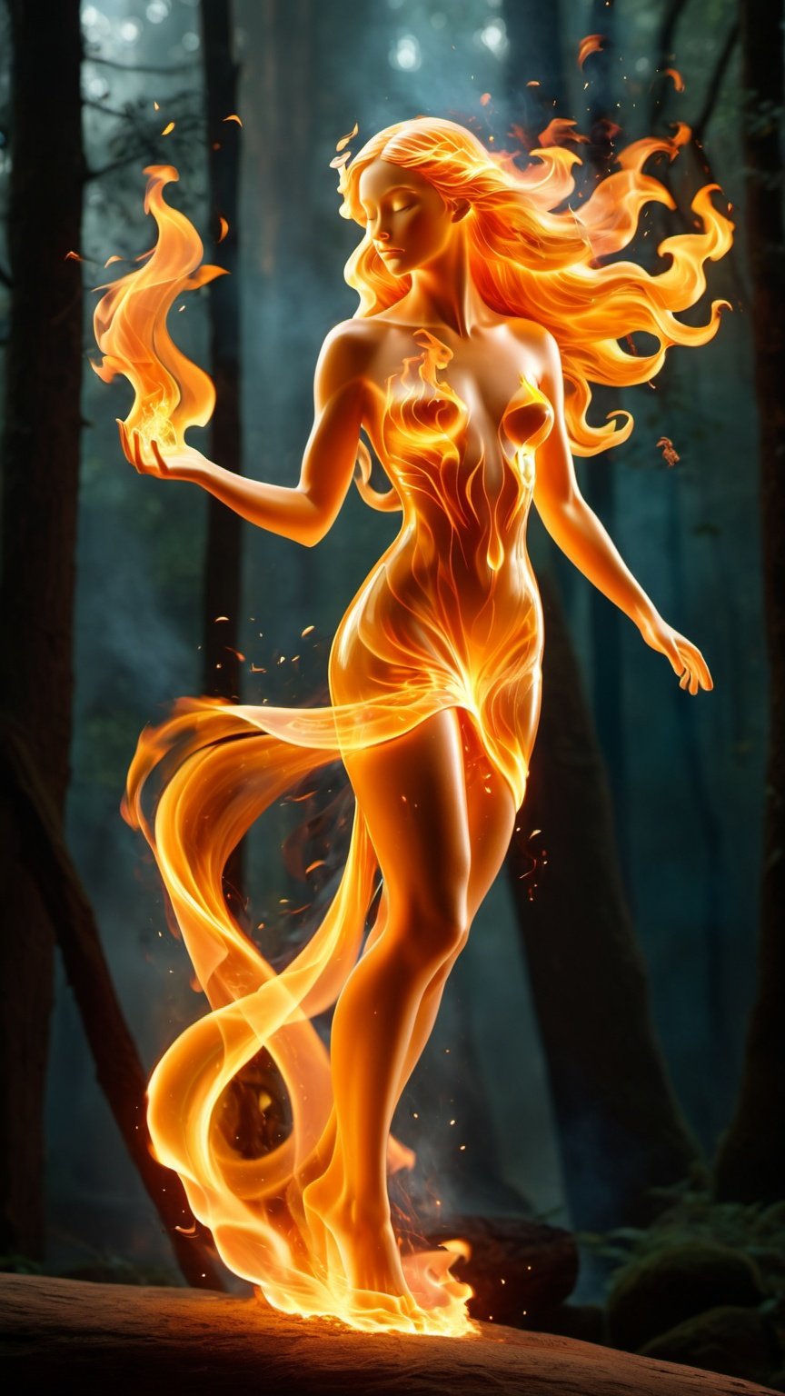  A goddess's avatar, with flowing locks resembling burning flames, exudes a fantastical and enchanting, fire element,An angel