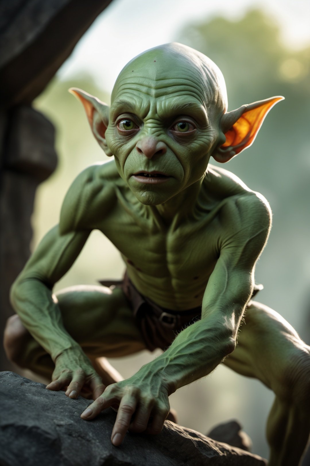  Goblin with green skin,Rough skin, long nose,Bald head, pointed nose,Full-length photo, combat posture, Surrealism, from below, Nikon, Surrealism, backlighting, 8k, super detail, high quality, high details, UHD, award winning, textured skin, anatomically correct,1boy,