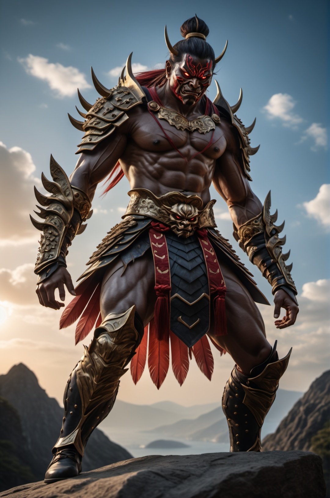 ONI,Full-length photo, combat posture, Surrealism, from below, Nikon, Surrealism, backlighting, backlighting, cinematic lighting, 8k, super detail, high quality, high details, UHD, award winning, textured skin, anatomically correct, UHD, retina, masterpiece, ccurate, anatomically correct, textured skin, super detail, award winning, best quality, high quality, high details, highres, 16k