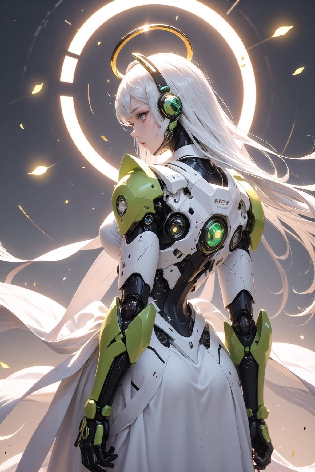 <lora:wrenchsmechs:1>, wrenchsmechs, 1girl, glowing, green mecha, halo, long hair, mechanical halo, from behind, white hair, green dress, 