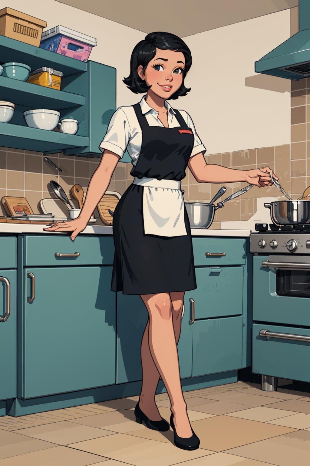 (masterpiece,  best quality:1.2),  solo,  donaluisaMSP,  black hair,  1girl , shirt,  skirt,  full body,  at the  kitchen,  apron,  smirk,  masterpiece,  perfect face,  perfect picture,  detailed eyes,  sharp focus, High detailed view, High detailed , (best quality, Pixel art, photorealistic, Blender,<lora:EMS-91283-EMS:1.000000>