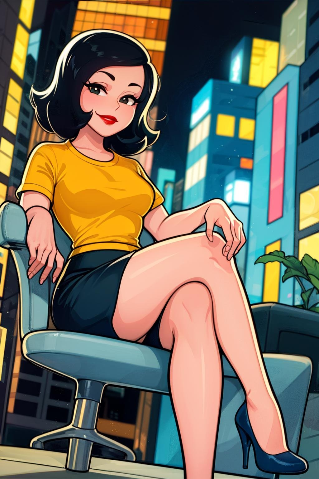 (masterpiece,  best quality:1.2),  solo,  donaluisaMSP,  1girl , yellow shirt,  mini-skirt,  fishnet stockings,  crossed legs,  high heels,  full body,  city at night  , black hair,  brown eyes,  red lips,  smirk,  masterpiece,  perfect face,  perfect picture,  detailed eyes,  sharp focus, High detailed view,<lora:EMS-91283-EMS:1.000000>