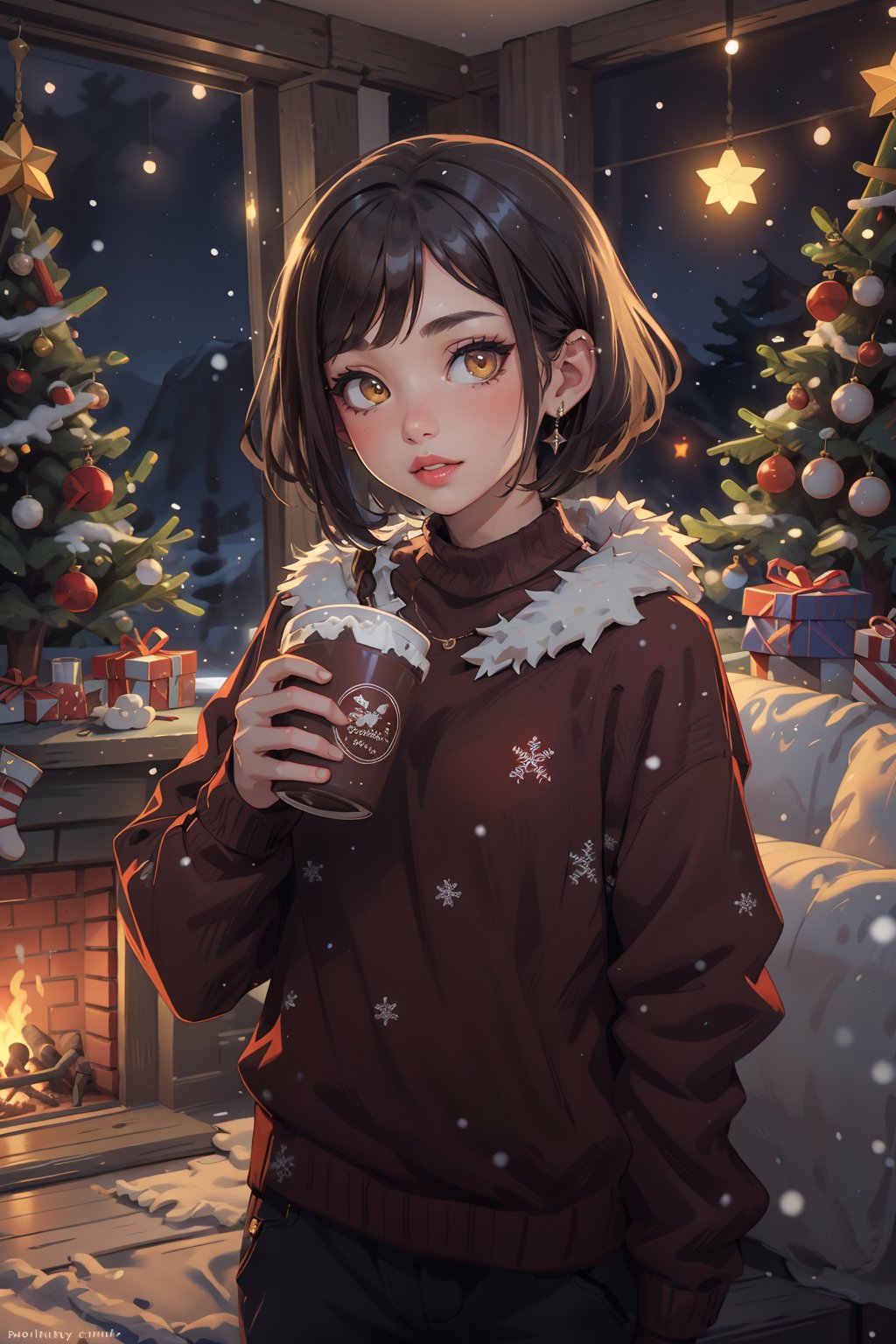 masterpiece, best quality, maidane, twin braids, bobcut, red sweater, fur pants, smile, sofa, night, interior, fireplace, looking at viewer, painting, bobcut, christmas tree, christmas lights, window, at night, view from a mountain, completely snowy, drinking hot chocolate