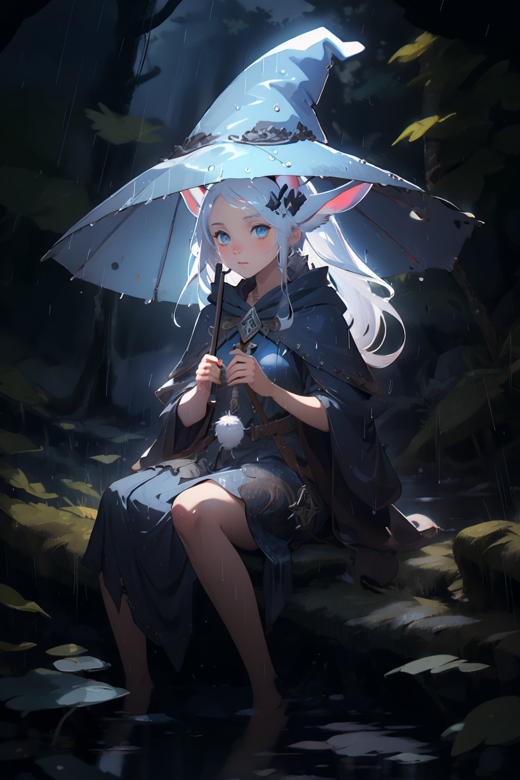 (super detailed), (beautiful background, detailed background),a girl sitting under an umbrella in the rain, pixiv contest winner, conceptual art, witch runes in the deep forest, with big rabbit ears, blue witch hat, ƒ/5.6,High detailed 