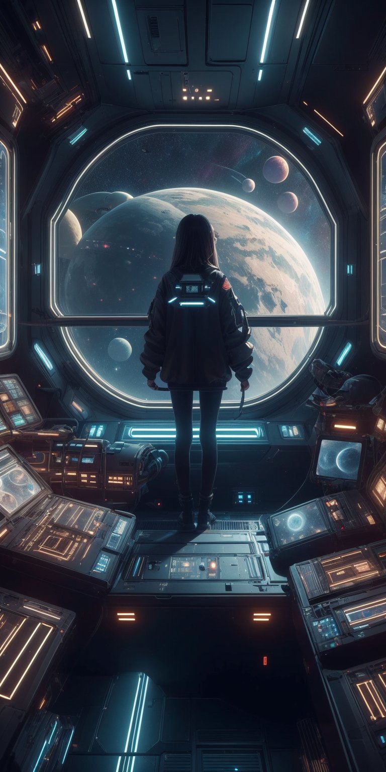 1girl, photorealistic,Futuristic room,science fiction, looking through the Window, neon lights, screens,inside a spaceship, space outside, planets,