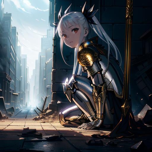 illustration, cartoon, soothing tones, calm colors, (silver armor with golden filigree:1.1),looking at viewer,<lora:MTepes:0.7>,(mtepes:1.2),girl,,((BEST QUALITY)), ((MASTERPIECE)), ((HIGH RES)), ((CINEMATIC LIGHTING)), ((DETAILED)), (realistic shadows), dirty, background post-apocalypse city destroyed, the rubble