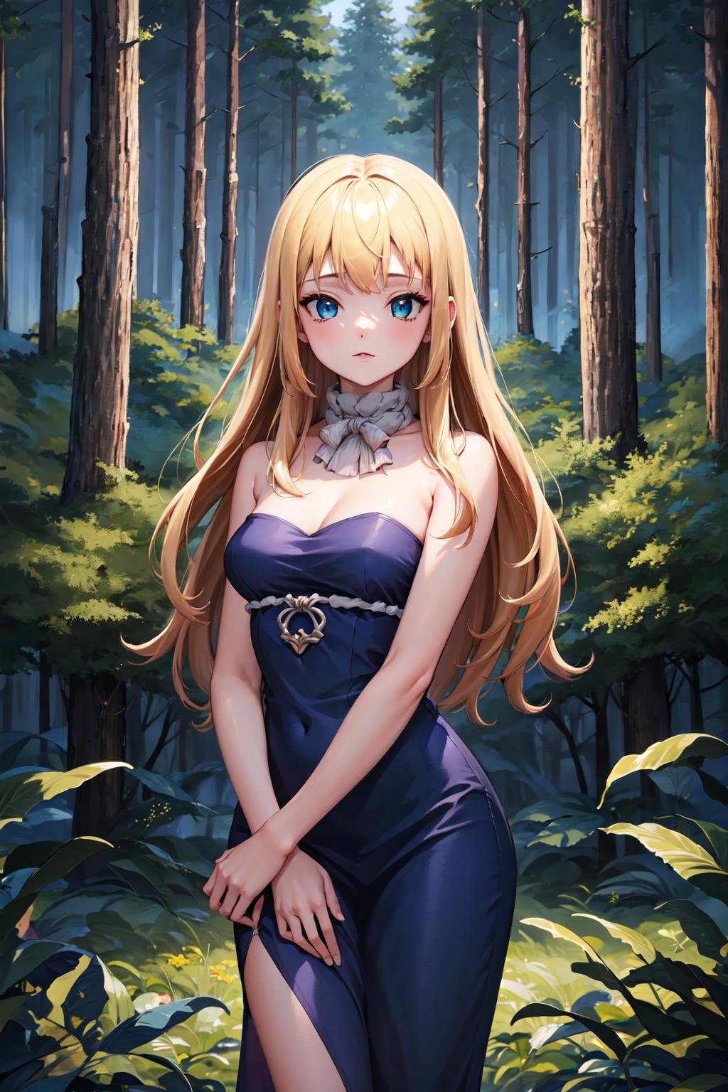 ((best quality, high quality, masterpiece, highres)), ruri, 1girl, solo, blue dress, dress, strapless, bare shoulders, cowboy shot, (forest:1.2), looking at viewer, <lora:Ruri(dr.stone):0.8>