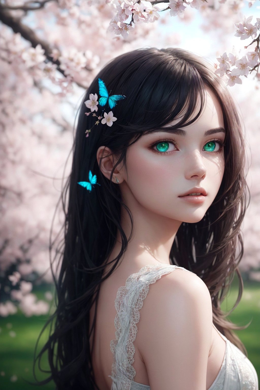 8k,beautiful, 1girl,long red long hair, elegant, highly detailed, green eyes, majestic, (masterpiece, sidelighting, green eyes: 1.0), hdr, branch, cherry_blossoms, pink/rose blossoms, depth_of_field, looking_at_viewer, solo, tree, vibrant details, luxurious, absurdres, best quality, lace, hyperrealistic, extremely detailed, 8k wallpaper, octane render, elegant, blue butterfly, vibrant colours, looking_at_viewer, extremely detailed,