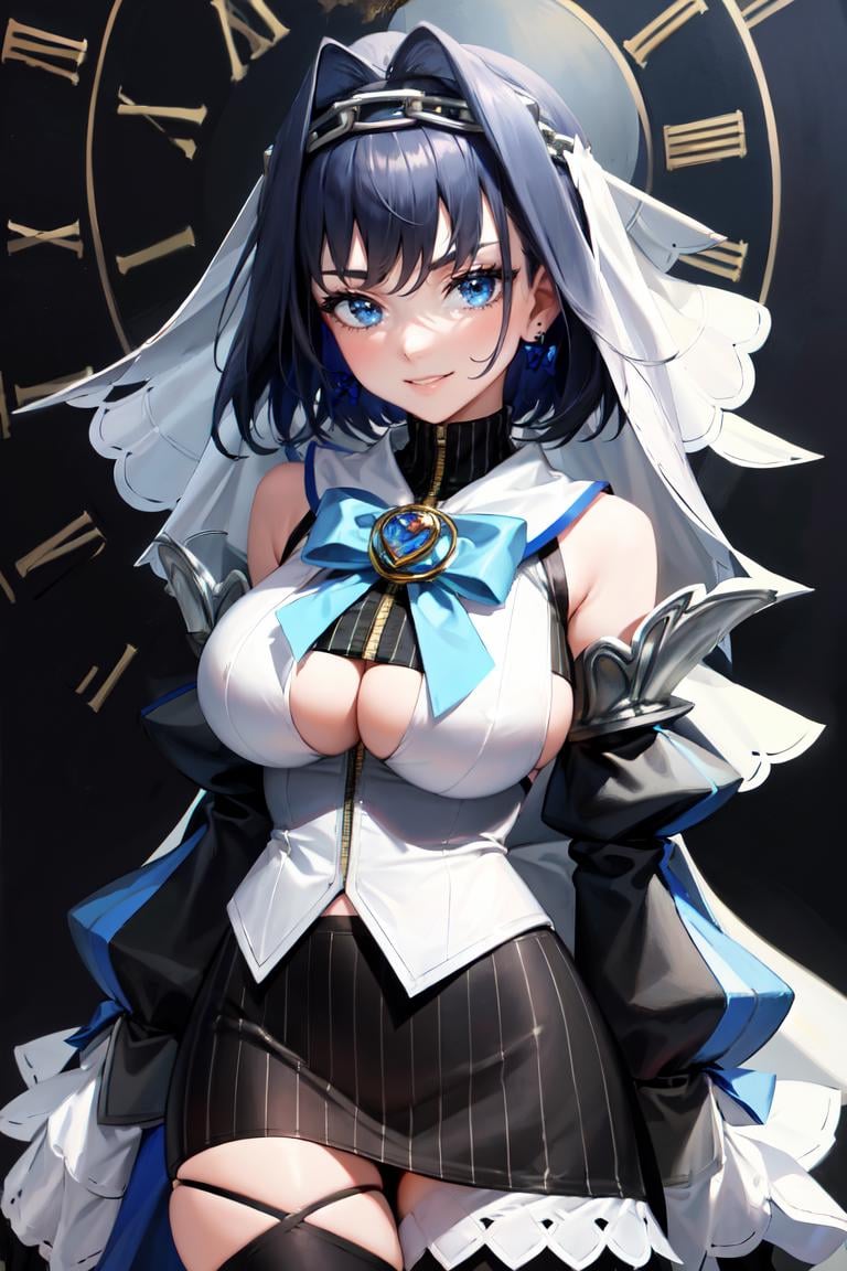 masterpiece, best quality, absurdres, 1girl, solo, KroniiBase, short hair, hair intakes, chain, veil, bow earrings, striped crop top, white vest, blue bow, black skirt, detached sleeves, black gloves, black thighhighs, smile, clock in background, <lora:CHAR-OuroKroniiV2:1>