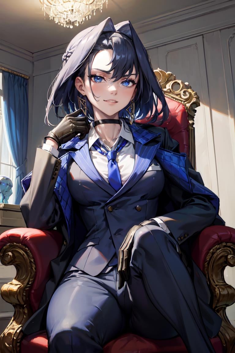 masterpiece, best quality, absurdres, 1girl, solo, KroniiMafia, short hair, hair intakes, collared shirt, necktie, formal, suit, gloves, pants, choker, sitting, smirk, on throne, indoors, <lora:CHAR-OuroKroniiV2:1>