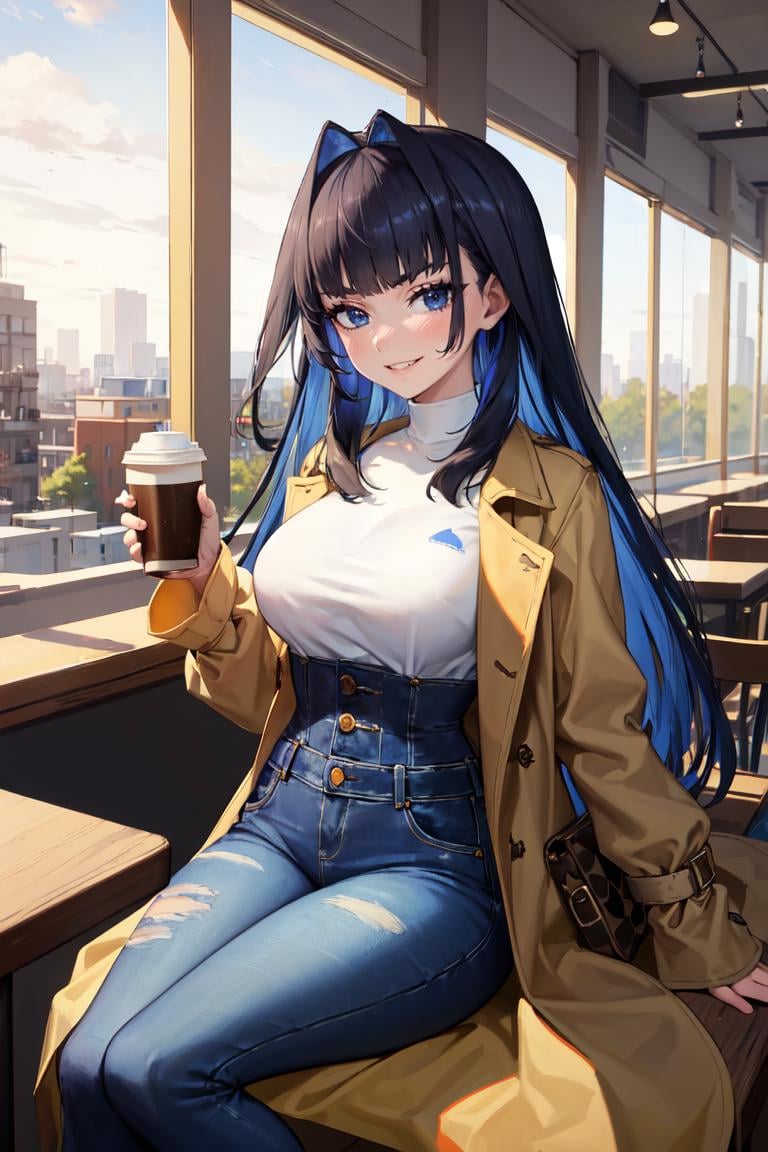masterpiece, best quality, absurdres, 1girl, solo, KroniiCasual, long hair, hair intakes, turtleneck, brown coat, jeans, smile, sitting, outdoors, coffee shop, <lora:CHAR-OuroKroniiV2:1>