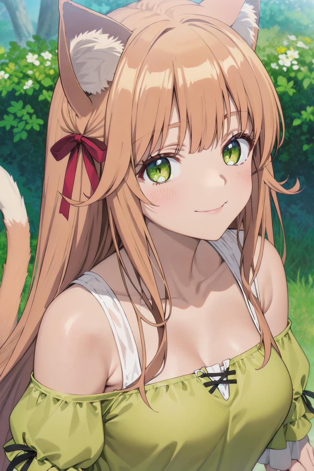 best quality, masterpiece, portrait, close up,kanade,  cat girl, cat ears, light brown hair, very long hair, green eyes, medium breasts, off shoulder shirt, puffy short sleeves, red bow, skirt, cat tailoutdoors, looking at viewer, smile<lora:Kizuki - Beast Tamer - Kanade:0.9>