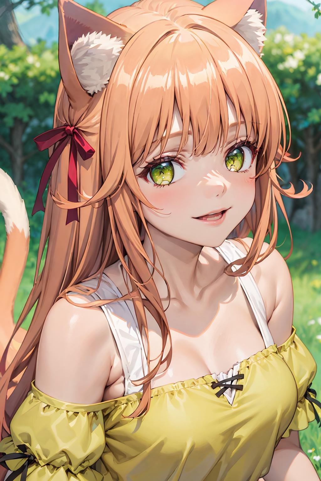 best quality, masterpiece, portrait, close up,kanade,  cat girl, cat ears, light brown hair, very long hair, green eyes, medium breasts, off shoulder shirt, puffy short sleeves, red bow, skirt, cat tailoutdoors, looking at viewer, smile<lora:Kizuki - Beast Tamer - Kanade:0.9>