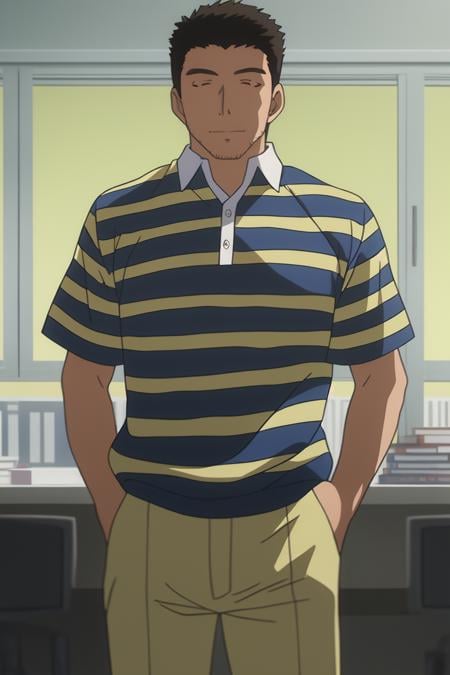 <lora:KodomoNoJikan_oyajima:0.7> oyajima, striped shirt, mature male, 8k, masterpiece, absurdres, anime,