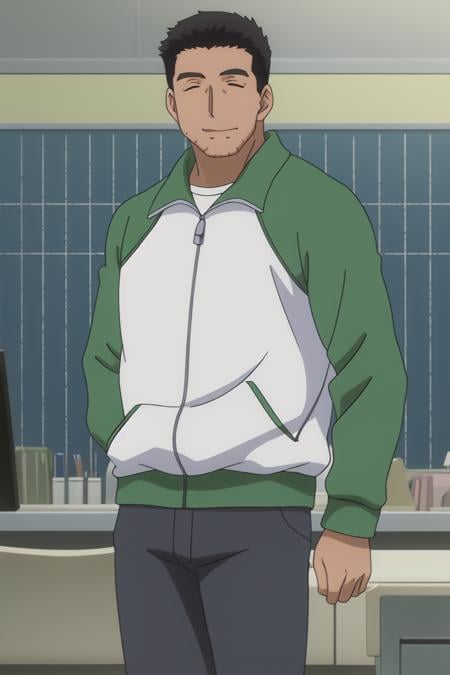<lora:KodomoNoJikan_oyajima:0.7> oyajima, track jacket, mature male, 8k, masterpiece, absurdres, anime,