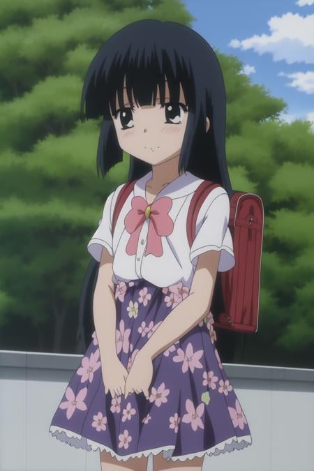 <lora:KodomoNoJikan_kagami kuro:0.7> kagami kuro, (backpack),  (floral dress), 8k, masterpiece, absurdres, anime,