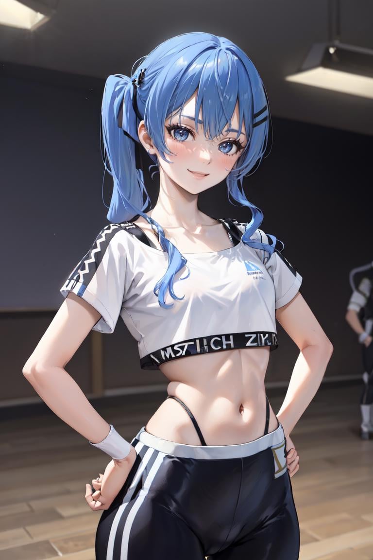 masterpiece, best quality, absurdres, 1girl, solo, HololiveDancePractice, <lora:HololiveDancePractice:1>, <lora:HoshimachiSuiseiV2:0.8>, HoshimachiSuisei, side ponytail, blue hair ribbon, hands on hips, smile