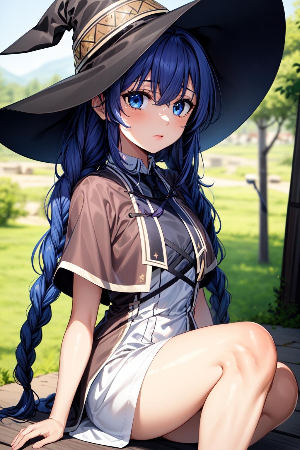 best quality, masterpiece, 1girl, (solo:1.1), raytracing, ultra detailed,detailed face, 8k wallpaper, (wide hips:0.8), <lora:more_details:0.5>, RoxyMigurdiaNDV, 1girl, blue hair, blue eyes, small breasts, long hair, hair between eyes, twin braids, capelet, white dress, witch hat, outdoor,  <lora:RoxyMigurdiaNDV:0.7>, sitting
