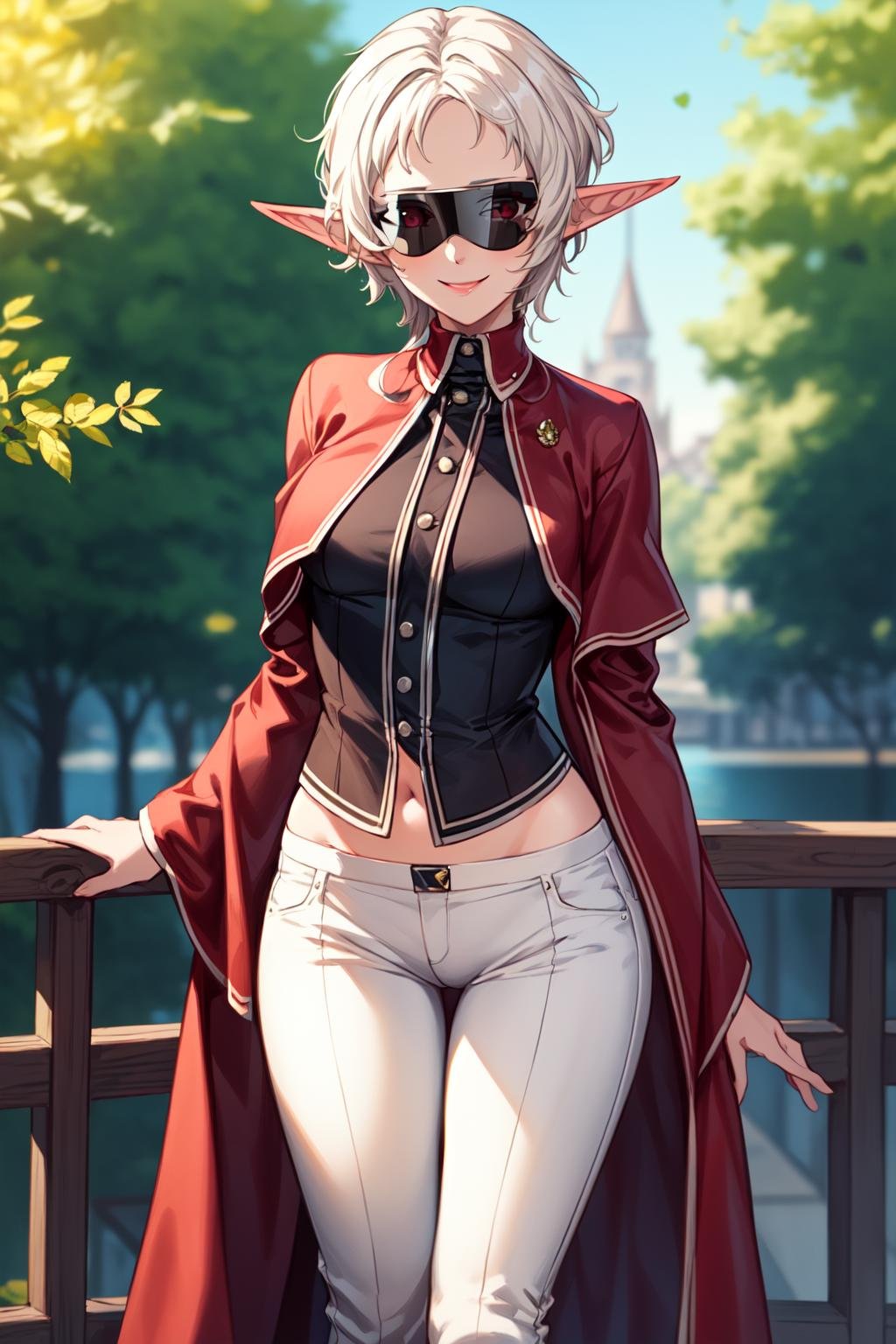 best quality, masterpiece, 1girl, (solo:1.1), raytracing, ultra detailed,detailed face, 8k wallpaper, wide hips, <lora:more_details:0.5>, SylphietteNDV, 1girl, white hair, red eyes, medium breasts, short hair, pointy ears, elf, pants, full sunglasses, shirt, green robe,  <lora:SylphietteNDV:0.6>, outdoor, smile