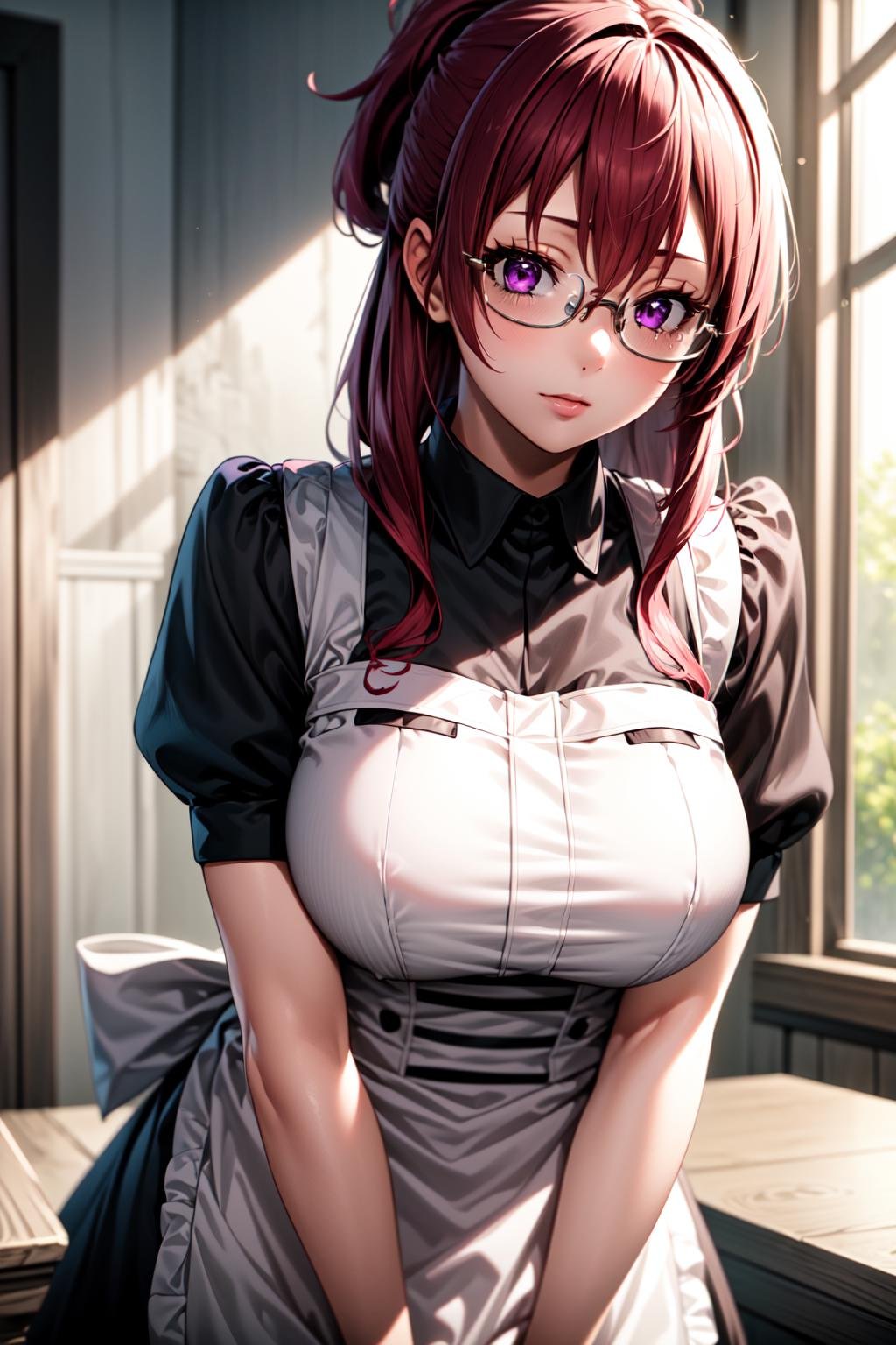 best quality, masterpiece, 1girl, (solo:1.1), raytracing, ultra detailed,detailed face, 8k wallpaper, wide hips, <lora:more_details:0.5>, LilliaGreyratNDV, 1girl, red hair, purple eyes, large breasts, long hair, maid hat, maid suit, glasses, apron,<lora:LilliaGreyratNDV:0.7>