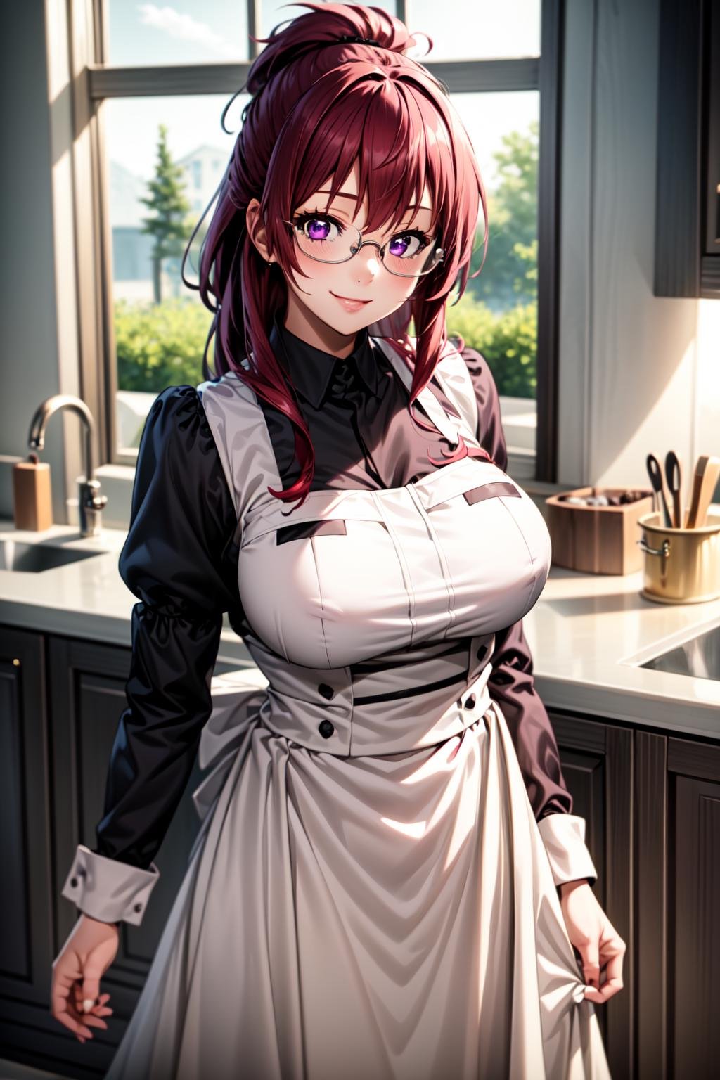 best quality, masterpiece, 1girl, (solo:1.1), raytracing, ultra detailed,detailed face, 8k wallpaper, wide hips, <lora:more_details:0.5>, LilliaGreyratNDV, 1girl, red hair, purple eyes, large breasts, long hair, maid hat, maid suit, glasses, apron,<lora:LilliaGreyratNDV:0.7>, kitchen, smile