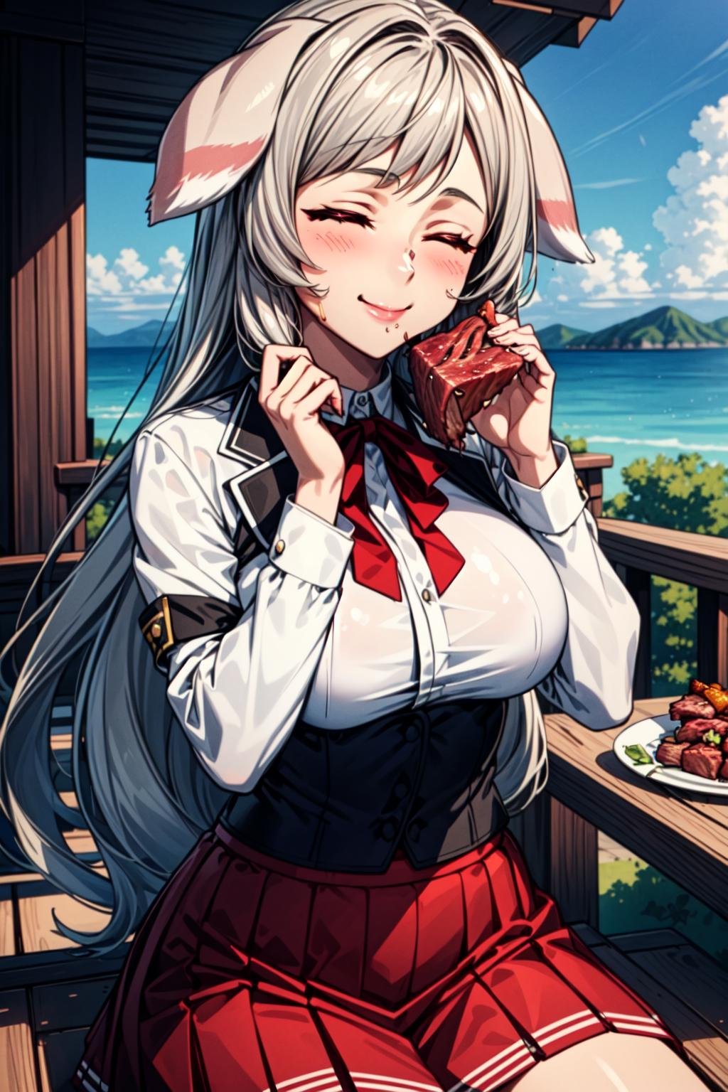 best quality, masterpiece, 1girl, (solo:1.1), raytracing, ultra detailed,detailed face, 8k wallpaper, wide hips, <lora:more_details:0.5>, PursenaAdoldiaNDV, 1girl, gray hair, red eyes, (large breasts:1.3), long hair, academy uniform, red skirt, white shirt, open jacket, corset, animal ears, dog ears, red bow, ribbon, outdoor, sitting, (eat, eating meat:1.3), meat, closed eyes, smile, hand on cheek,  <lora:PursenaAdoldiaNDV:0.6>