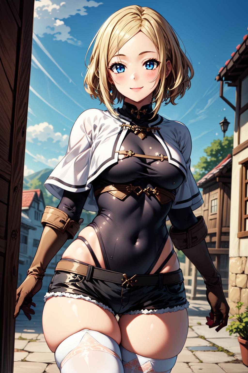 best quality, masterpiece, 1girl, (solo:1.1), raytracing, ultra detailed,detailed face, 8k wallpaper, wide hips, <lora:more_details:0.5>, SaraMushokuNDV, 1girl, blonde hair, blue eyes, medium breasts, shory hair, white thighhighs, brown gloves, brown shorts, black leotard, capelet, smile, outdoor, village,  <lora:SaraMushokuNDV:0.7>