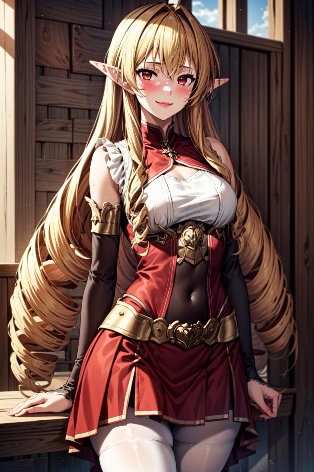 best quality, masterpiece, 1girl, (solo:1.1), raytracing, ultra detailed,detailed face, 8k wallpaper, wide hips, <lora:more_details:0.5>, ElinaliseDragonroadNDV, 1girl, blonde hair, red eyes, medium breasts, very long hair, elf, pointy ears, drill hair, smile, blush, red skirt, white shirt, pantyhose,  <lora:ElinaliseDragonroadNDV:0.7>