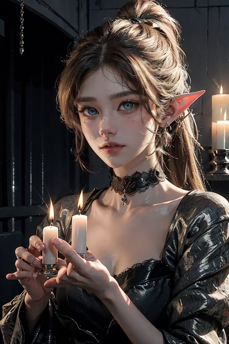 (best quality, masterpiece:1.2), anime, unreal engine, 8k, highres, accent lighting, ambient lighting, Exquisite details and textures, 1girl, mature woman, lace-trimmed dress, white, gold trim, from front, focus on face, looking at viewer, shinny skin, glowing eyes, glowing skin, detailed face, blonde hair, ponytail, blue eyes, elf ears, smokey eyes, mole under eye, slim body, small breasts, choker, light smile, royal palace, luxury, candles, glass ceiling, ,demonictech