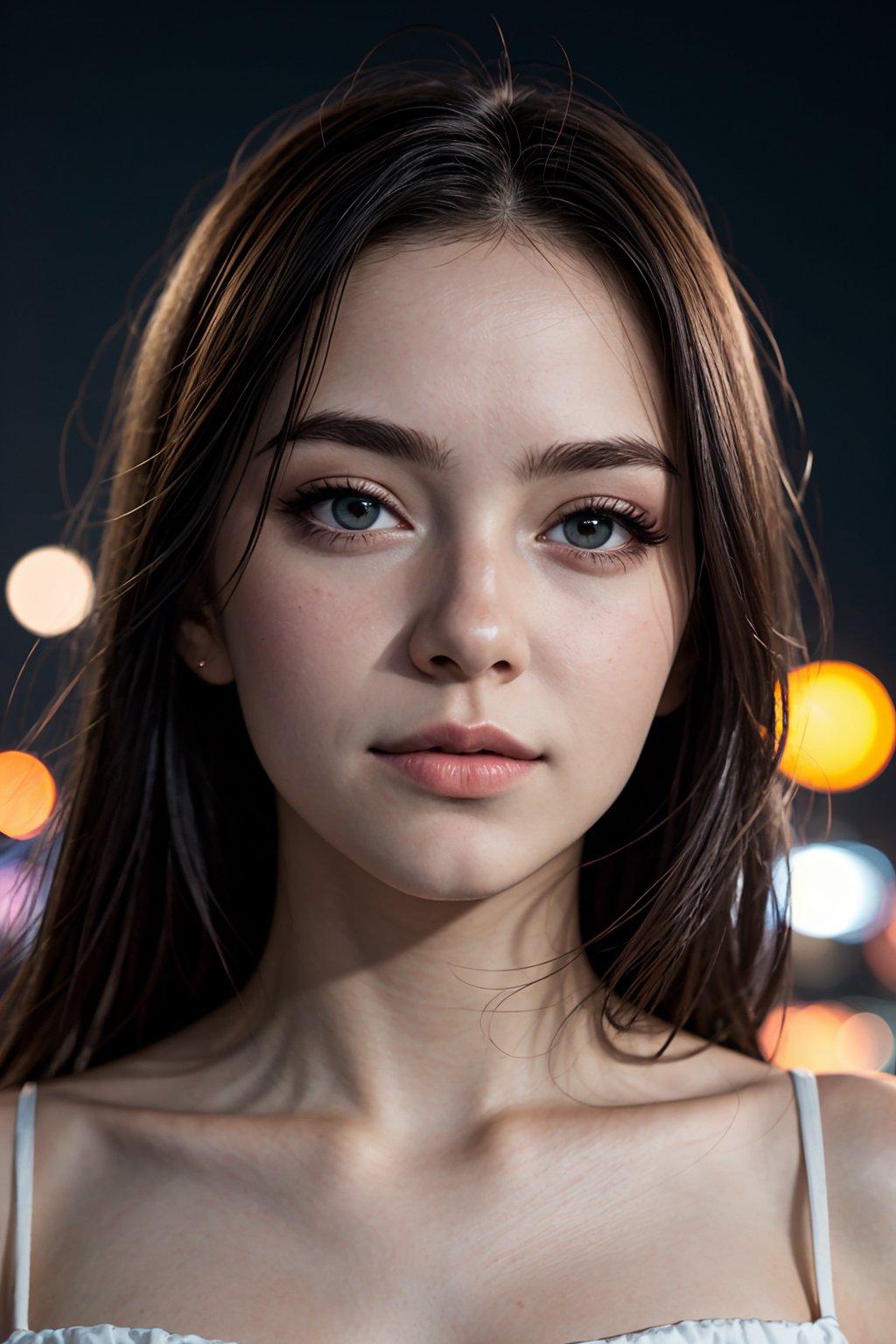 instagram photo, closeup face photo of 18 y.o swedish woman in dress, beautiful face, makeup, night city street, bokeh, motion blur
, Extremely Realistic