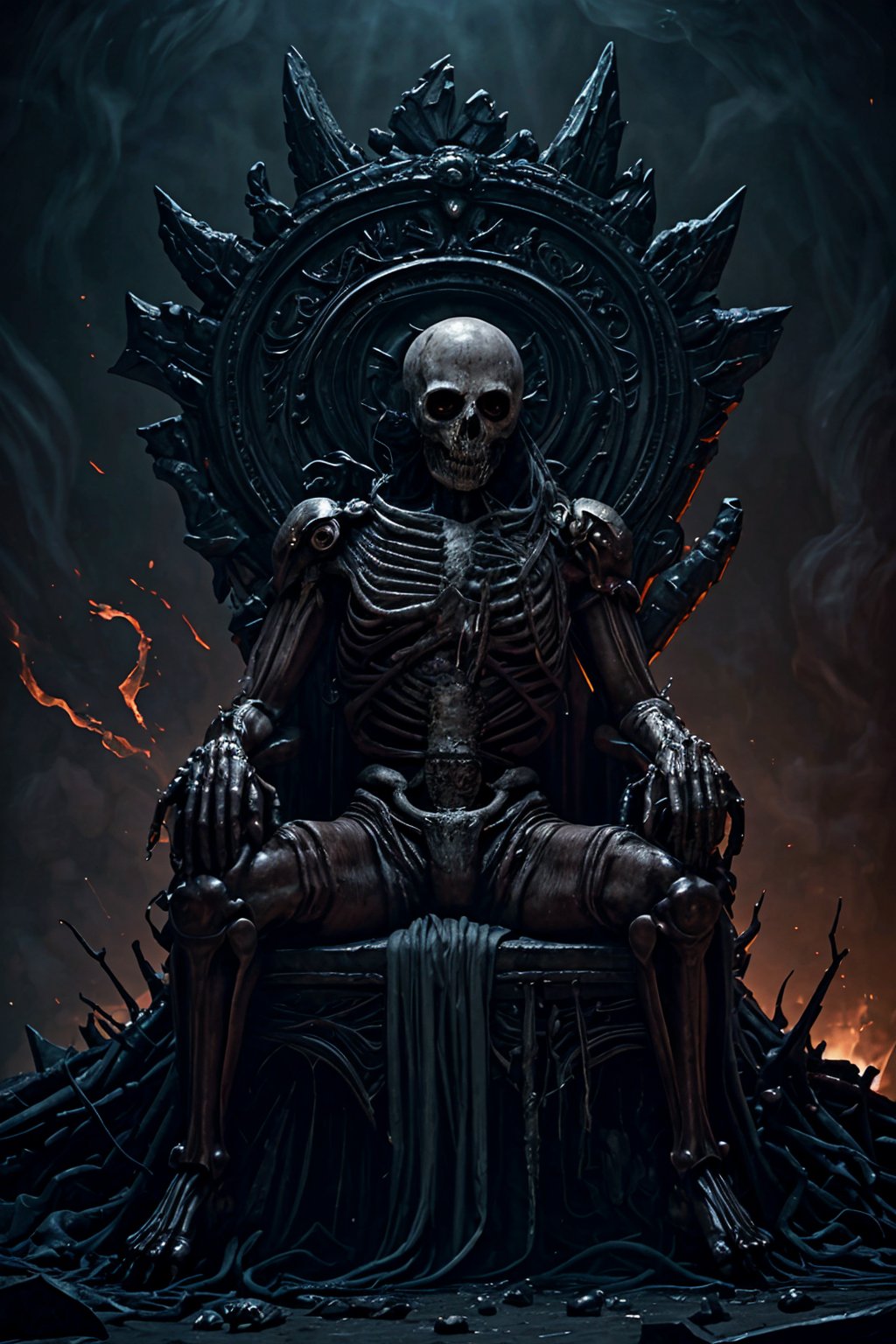reate a hyper realistic image of skeleton god sitting in throne made of humans and animals skulls, dark energy , emithing red aura, bone armor, , huge, angry , spitting lava, creepy, looking terrifieng, high detailed , sharp focus, dark mood, dark lighting , ,Epicrealism
