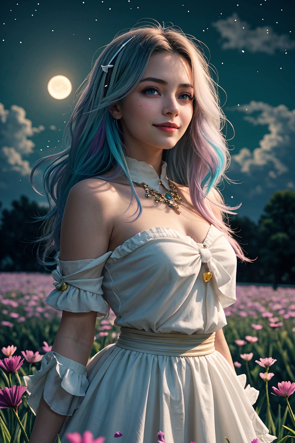 masterpiece, best quality, 1girl, cute lady, high priest, (colorful),(finely detailed beautiful eyes and detailed face),cinematic lighting, bust shot, extremely detailed CG unity 8k wallpaper, white hair, solo, smile, intricate skirt,((flying petal)),(Flowery meadow) sky, cloudy_sky, building, moonlight, moon, night, dark theme, light, fantasy, ,Color Booster
,Color Booster,perfect light