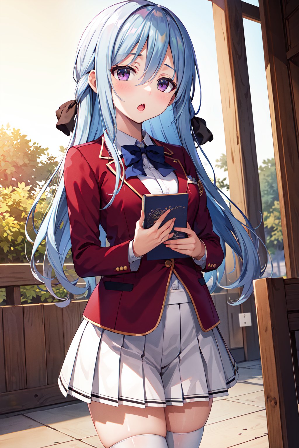 masterpiece, best quality, highres, aahiyori, long hair, hair ribbon, purple eyes, school uniform, blue bowtie, red jacket, blazer, pleated skirt, white skirt, thighhighs, <lora:shiina_hiyori_v1:0.7>, standing, cowboy shot, :o. holding book, indooors