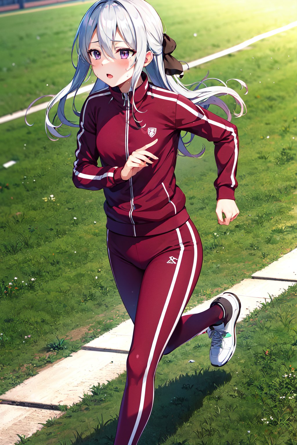 masterpiece, best quality, highres, aahiyori, long hair, hair ribbon, purple eyes, track jacket, track pants, <lora:shiina_hiyori_v1:0.7>, field, running, sweat