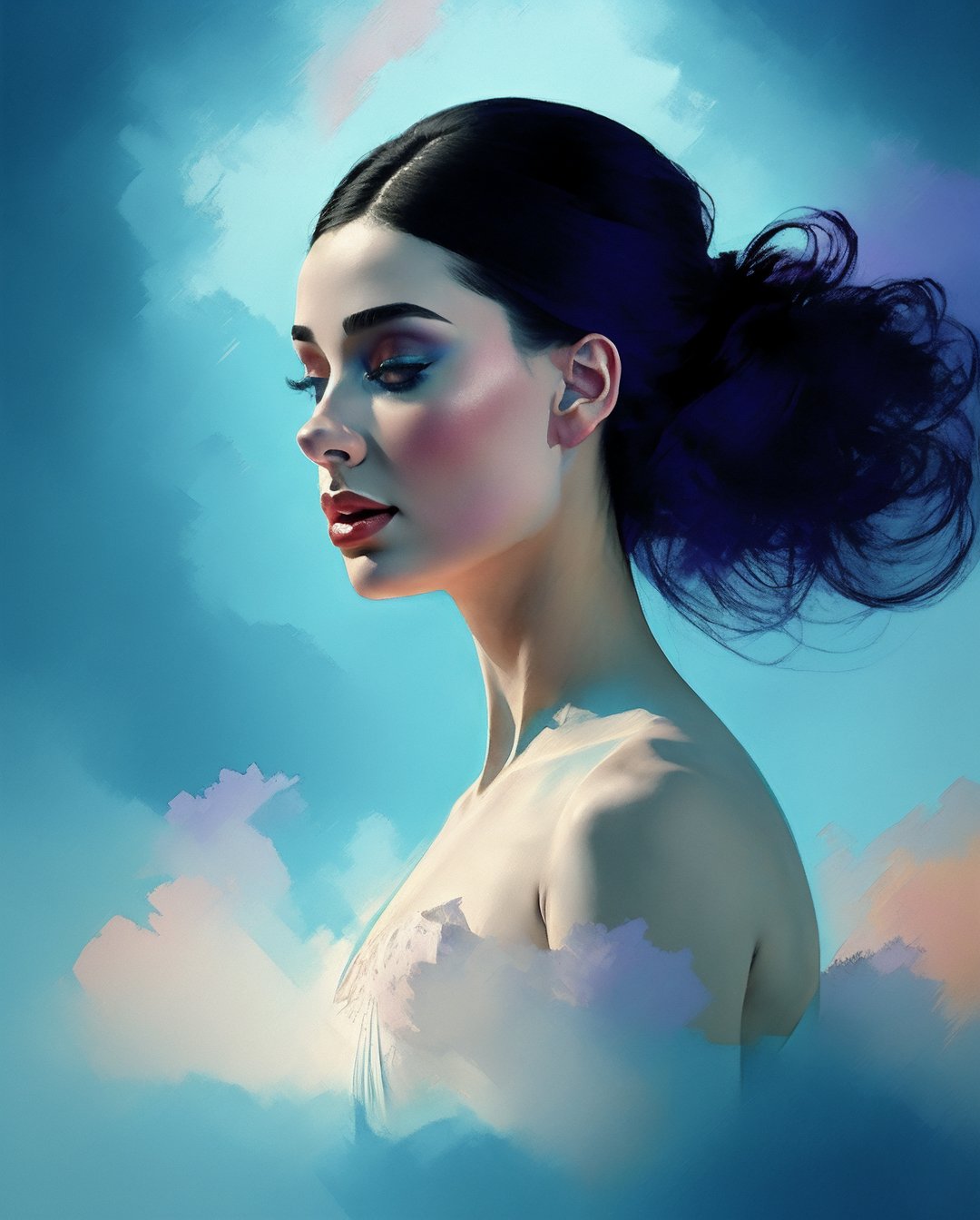 a digital illustration of a impasto oil watercolor and alcohol painting, graceful gorgeous ballerina engulfed in 3d layers of diaphanous azure blue smoke, pale blue swirling fog, in the style of dreamy surrealism, chiaroscuro, pino daeni and paul paul pelletier, romantic impressionism, high saturation, blushing white background, Ptcard