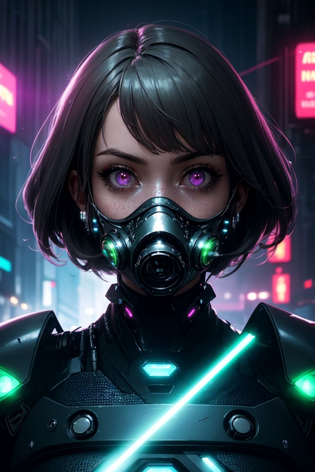 (masterpiece,  best quality:1.4),  (beautiful,  aesthetic,  perfect,  delicate,  intricate:1.2), 1girl,  adult ukrainian woman,  freckles,  pink eyes,  gray short hair,  cyborg portrait,  looking at viewer,  solo,  (full body:0.4),  detailed background,  close up,  detailed face,  futuristic glowing digital steel armor,  thick armor,  polygonal pattern,  rivets,  batteries,  advanced technology,  nanotech,  cybernetic implants,  high-tech (gas:0.6) (mask:0.9),  dynamic pose,  epic  futuristic city in background,  green lights,  flashes of light,  neon lights,  sparks,  electricity,  hologram,  cinematic atmosphere