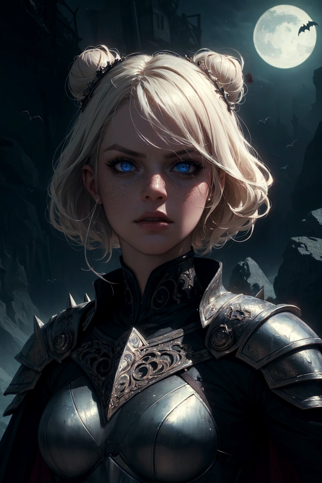 (masterpiece,  best quality:1.4),  (beautiful,  aesthetic,  perfect,  delicate,  intricate:1.2),  1girl,  adult woman,  freckles,  blue eyes,  platinum blonde bun hair,  ombre, portrait,  solo,  (full body:0.4),  detailed background,  detailed face,  fantasy,  dissolving,  decay,  bloodshot eyes,  dark warlord,  malevolent,  (chilling battle-cry:0.8),  ominous presence,  crimson clothes,  spiked armor,  tattered cape,  evil  barbed crown,  dynamic pose,  floating particles,  rocks,  bats in background,  desolate landscape in background,  shadowy dark atmosphere