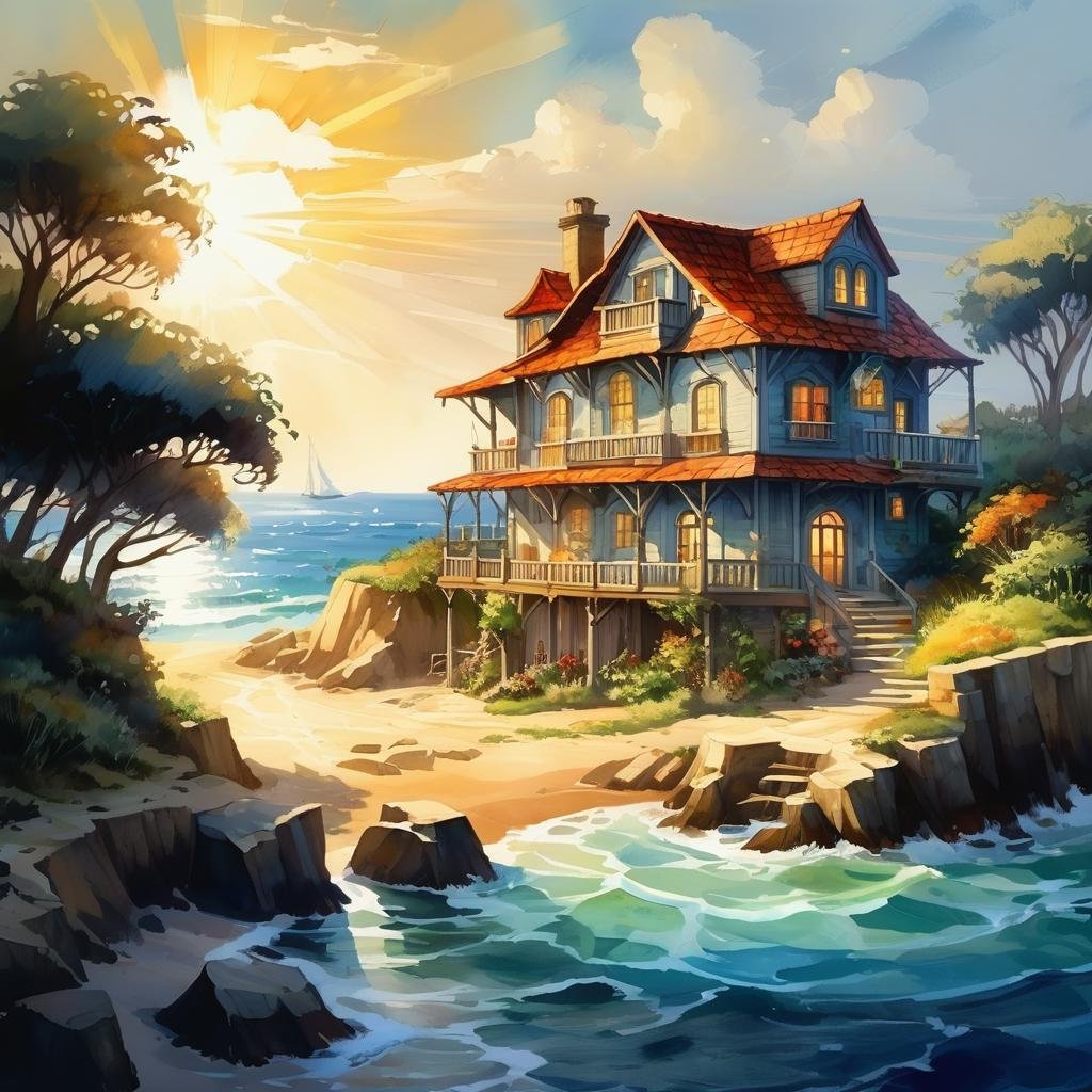 seaside scene,house,shining,nature light,Fantastic light and shadows,2d game scene,oil and watercolor painting,<lora:Retro_Illustration:0.85>,