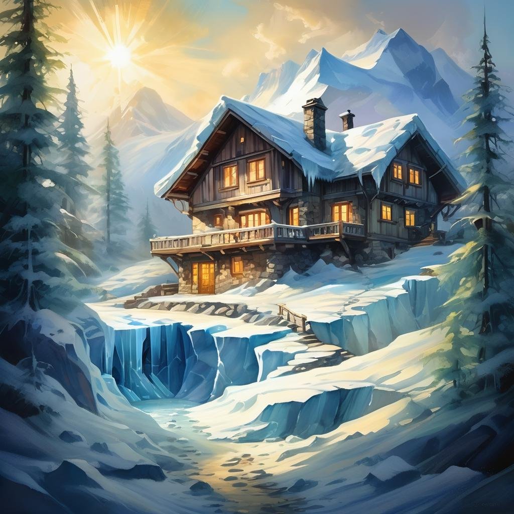 glacier scene,house,shining,nature light,Fantastic light and shadows,2d game scene,oil and watercolor painting,<lora:Retro_Illustration:0.85>,