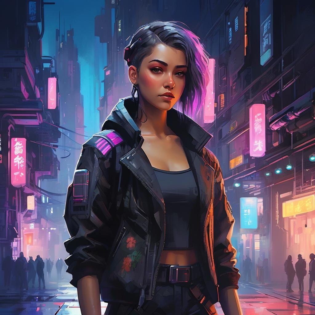 a cute girl standing in a cyberpunk city,bloom,night,soft light,shadows,upper body,2d game scene,oil and watercolor painting,<lora:Retro_Illustration:1>,
