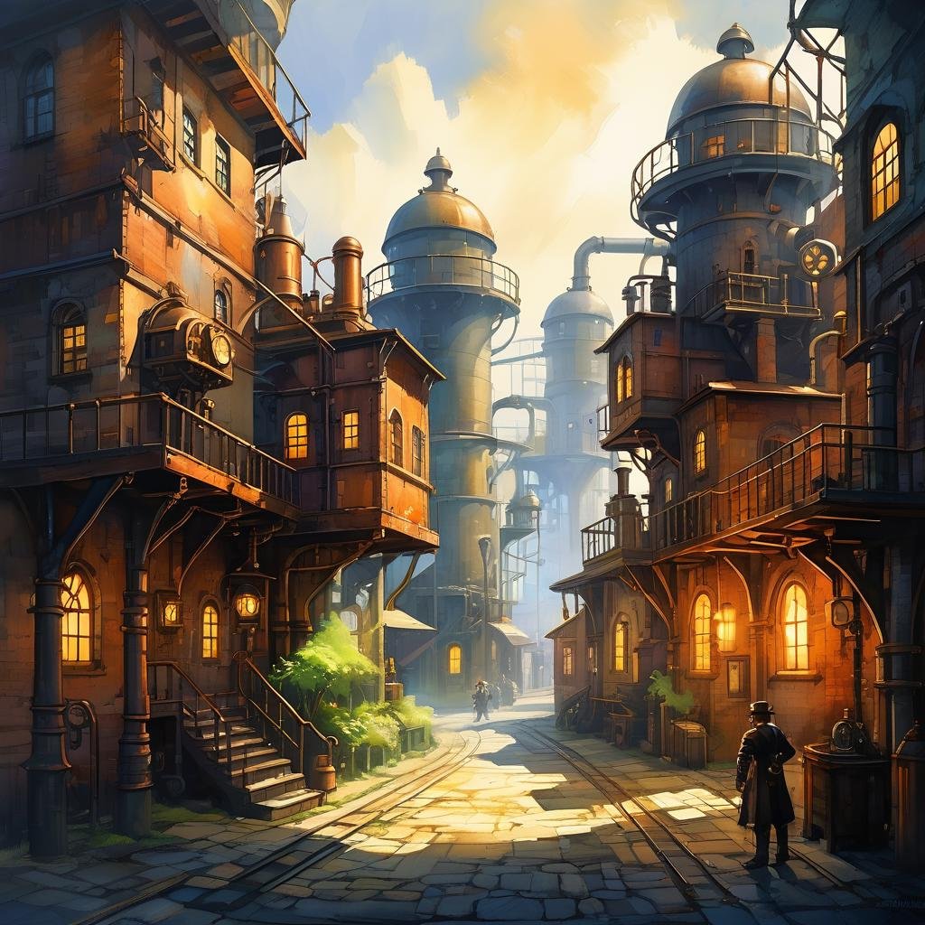 steampunk city scene,nature light,Fantastic light and shadows,2d game scene,oil and watercolor painting,<lora:Retro_Illustration:1>,
