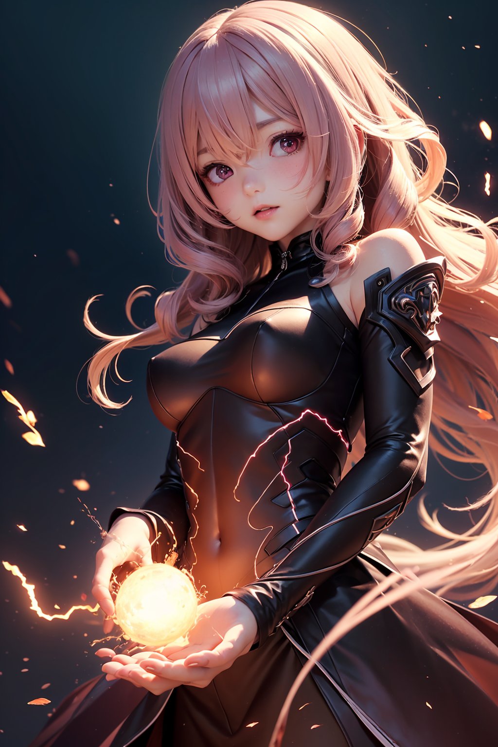 ((masterpiece, best quality, ultra-detailed, very fine 8KCG wallpapers)), 1girl, solo, serious, medium breasts, pale pink hair, wavy long hair, pink eyes, messy hair floating, night, dark spark, flash, light grow, cinematic angle, dark background, nice hands, perfect hands,