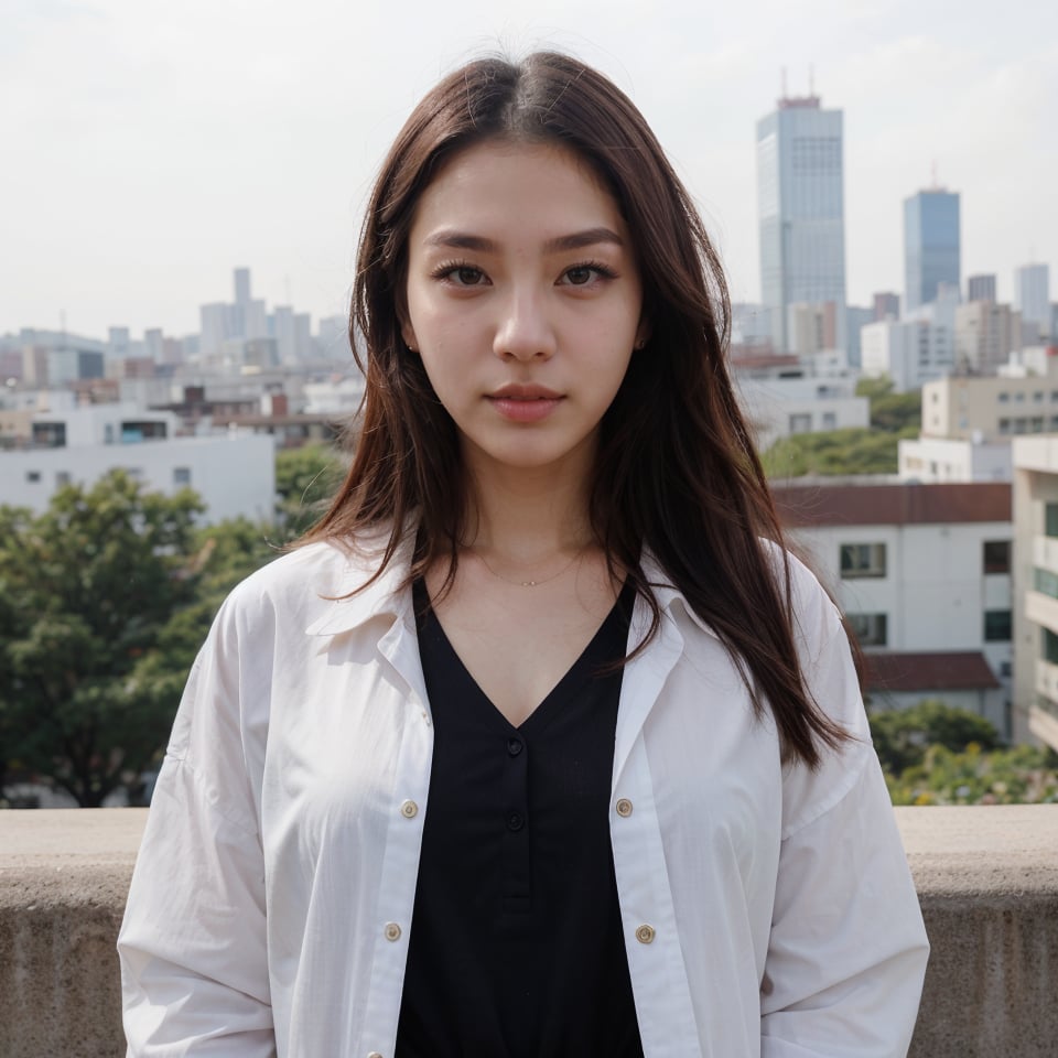 (best quality, ultra-detailed, realistic:1.37), professional, beautiful detailed eyes, beautiful detailed lips, detailed facial features, natural skin tones, perfect skin texture, delicate facial expressions, image in high resolution, realistic face, realistic skin, (Hana), 18yo, (a beautiful South Korean college girl), showcases her fashion-forward style as a modern city fashionista. Dressed in trendy and chic clothing, her slim figure and impeccable fashion sense make her stand out in the urban landscape. The high-resolution image captures ultra-detailed realism, highlighting Hana's captivating eyes, long eyelashes, and smooth complexion. The vibrant city backdrop adds to the visual appeal, representing Hana's confidence and flair for fashion.