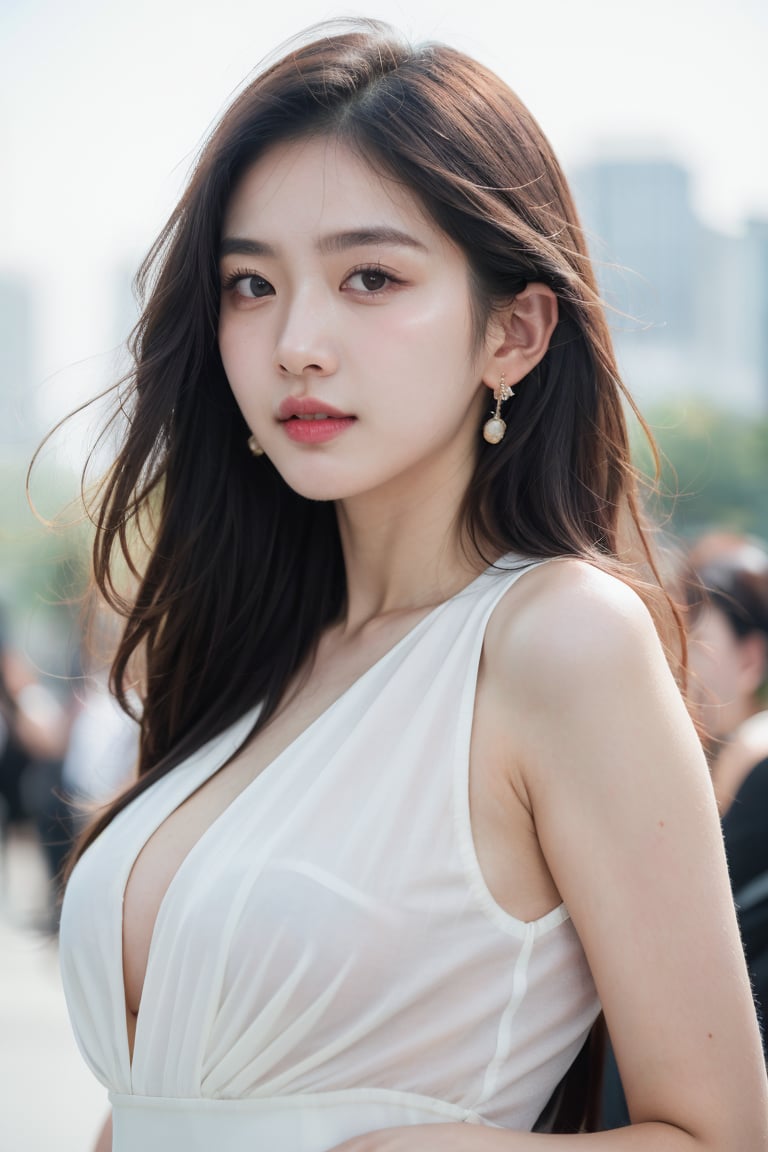 (best quality, ultra-detailed, realistic:1.37), professional, beautiful detailed eyes, beautiful detailed lips, detailed facial features, natural skin tones, perfect skin texture, delicate facial expressions, image in high resolution, realistic face, realistic skin, plain face, natural smile, highly detailed hair, (Hana), 18yo, (a South Korean fashion model), struts down the runway during Seoul Fashion Week. Dressed in a cutting-edge designer outfit, she exudes confidence and style. The high-resolution image captures ultra-detailed realism, highlighting Hana's captivating eyes, long eyelashes, and flawless complexion. The glamorous runway setting and fashionable crowd create a visually stunning representation of South Korean fashion and elegance.