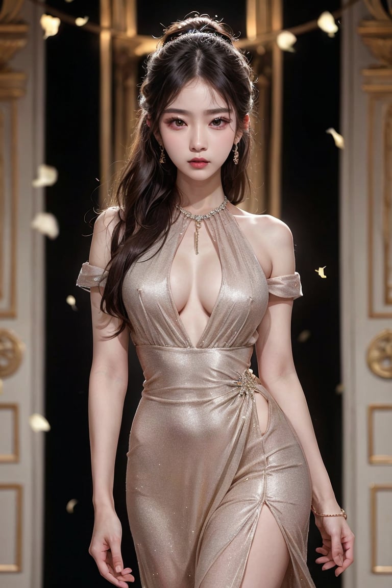 (8k, highest quality, ultra detailed:1.37), (Hana), 18yo, (a South Korean fashion model), struts confidently on the runway during a prestigious fashion week event. Dressed in a stunning designer ensemble, Hana's elegance and poise captivate the audience. The high-resolution image captures ultra-detailed realism, highlighting Hana's captivating eyes, flawless complexion, and fashionable hairstyle. The glamorous runway and stylish set design add to the visual appeal, creating a visually stunning representation of Hana's success in the fashion industry.